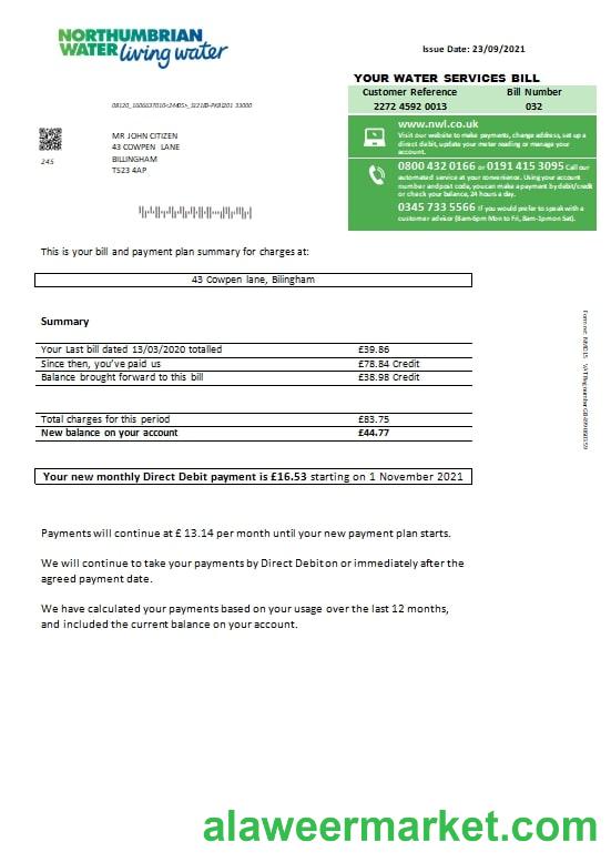 United Kingdom Northumbrian Water utility bill template in Word and PDF format, version 1